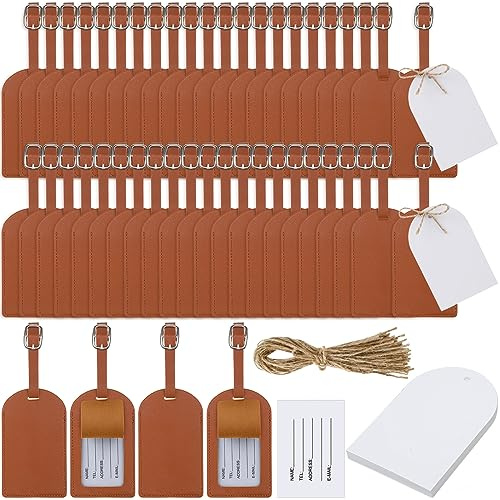 Amylove 48 Sets Leather Luggage Tags Bulk Wedding Favors Luggage Tags for Guests Bridal Gifts Wedding Bridal Shower Gift PU Leather with Name ID Card Tag for Guests(Brown)