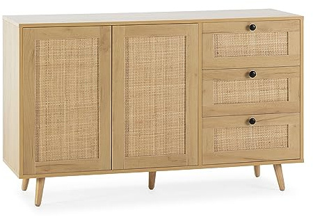 HOMN LIVING Aparador Bella 3 cajones y 2 Puertas Color Roble, guías metálicas, 120 cm (Ancho) 38 cm (Profundo) 76 cm (Altura)