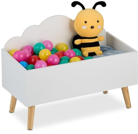 Relaxdays Cassapanca Bambini, Contenitore Portagiochi da Cameretta, Baule Porta Giochi, MDF, HLP: 45x60x30 cm, Bianco, Legno