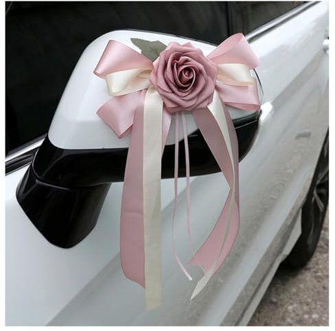 Pmnzdy Fiocco per auto, 2 pezzi, fiore di seta, simulazione di fiori, decorazione per auto, specchietto retrovisore, per matrimonio, per chiesa, auto, matrimonio, funerale, festa, colore rosa