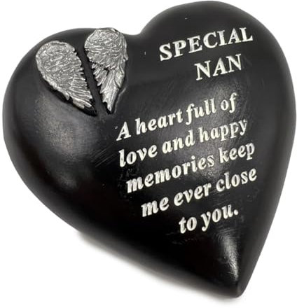 Special Nan Angel Wings Memorial Black Heart Grave Plaque Graveside Ornament Decoration