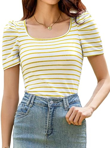 Aottori T-Shirt Donna Scollo Quadrato a Righe Maglietta Maniche a Sbuffo Estive Top Elasticizzato Elegante Tee Shirt Slim Fit Tinta Unita Casual Giallo M