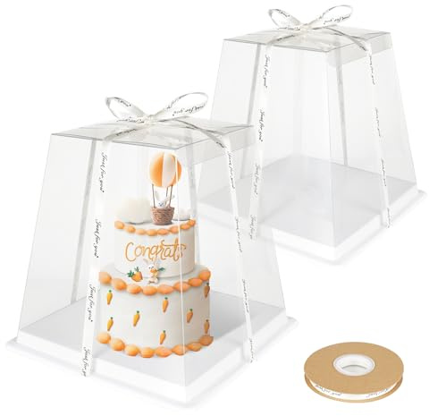 YEYONG 2 scatole trasparenti per il trasporto di torte, 23,5 x 23,5 x 20,5 cm, con nastro, contenitore per torte, in confezione regalo, trasparente (6 pollici)