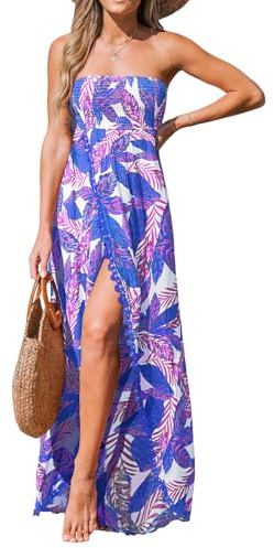CUPSHE Women's Maxi Dresses Sleeveless Lace Casual Smocked Strapless Slit Long Summer Formal Sun Dress Blue Tropical, M