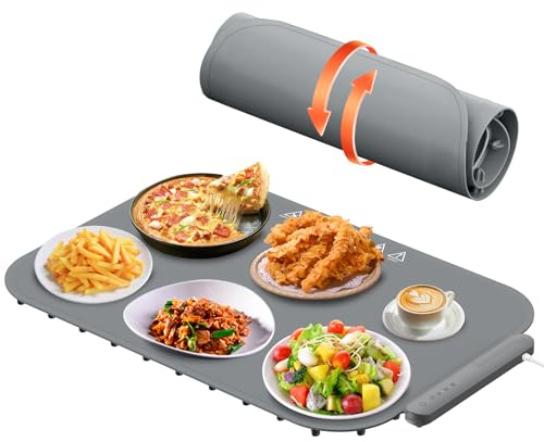 Food Warming Mat, Electric Warming Tray Food Warmer with Adjustable Temperature, Rollable Potable Silicone Heating Mat for Food, Kitchen Gadgets Home Essentials for Buffet Party Gathering (Grey)