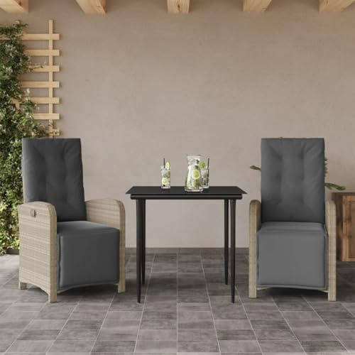 Ensemble de bistro 3 pièces avec coussins gris clair en polyrotin - Chaises réglables - 80 x 80 cm - Table en verre pour balcon, jardin, terrasse - Résistant aux intempéries