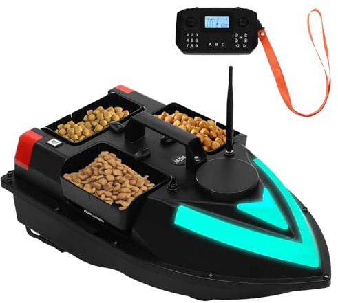 Barco alimentador teledirigido 500 m, barco de cebo automático, barco de cebo de pesca nocturna, con luz LED y control remoto, 3 cajas de cebo, cebo inalámbrico