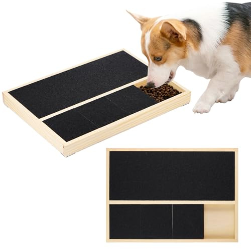 Griffoir pour Chien avec Boîte à Friandises, Griffoir en Bois Massif pour Chien, Griffoir pour Ongles Sans Stress, Planche à Gratter en Papier de Verre pour Lime à Ongles pour Pattes de Chiens-35x25cm