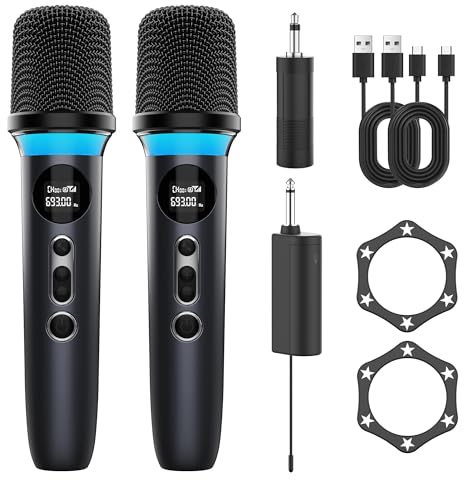 Microphone sans fil, système à double microphone avec fonction de, mise en sourdine par simple pression, éclairage RVB dynamique. 40h d'autonomie, portée de 200FT. pour les DJ, les mariages le chant .