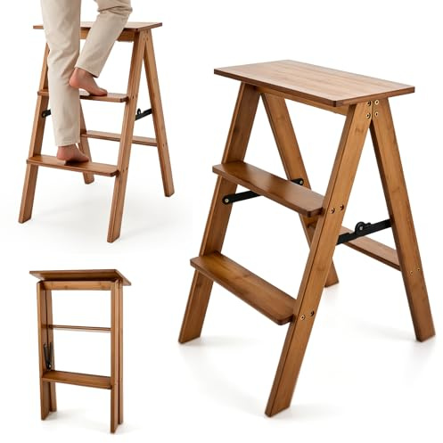 Normodic 3 Step Ladder, Folding Step Stool, 3-in-1 Step Ladder with Thick Pedal, 3-Tier Bamboo Foot Stool Display Rack Flower Stand, Multifunctional Storage Shelf for Home Kitchen, 150KG Load