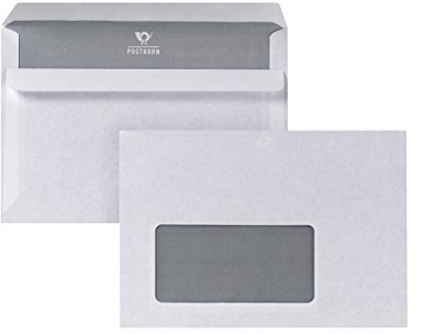 POSTHORN Briefumschlag C6 (1000 Stück), Kuvert mit Sichtfenster und selbstklebender Doppelklappe, weiße Briefumschläge mit grauem Innendruck, 114 x 162 mm, 75g/m²