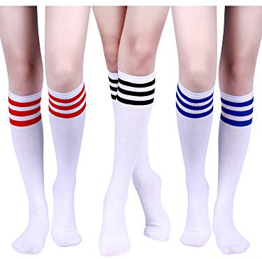 3 Paires Chaussettes Triple Stripe Classique Femme Genou Cuisse Chaussette Haute Doux Chaussettes Tubes en Coton pour Costume, 3 Couleurs (Jeu de Couleurs 1)