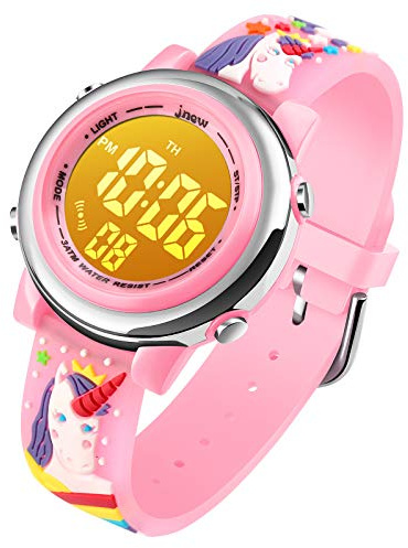 Kids Digital Sport Waterproof Watch for Girls Boys, Kid Sports Outdoor LED Electrical Watches with Luminous Alarm Stopwatch Child Wristwatch - Unicorn Pink