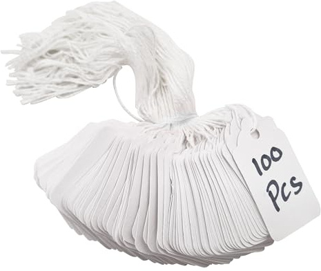 Swift Strung Tags White Card Clothing Parcel Label String Hanging Gift Swing Tickets Kraft Hang Price Labelling 32mm x 22mm (Pack of 100)