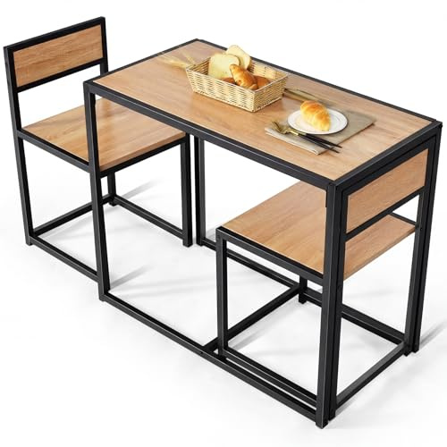 COSTWAY Bbord set 3 delar, matbord med 2 stolar, liten matgrupp med metallram, köksbar, sittgrupp, köksbord, ståbord, trä, bistrobord för kök, matsal och bistro (natur)