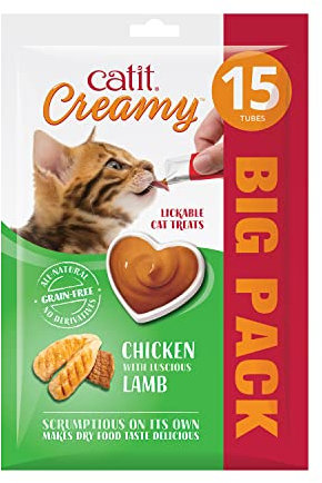 Catit Creamy flüssigkeitsspendende Leckpaste für Katzen mit Huhn und Lamm, 15 x 10g
