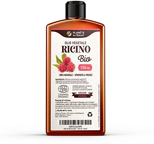 Planète au Naturel Oli di Ricino Biologico 150 ml - 100% Puro e Pressato a Freddo - Capelli, Ciglia, Barba, Sopracciglia, Unghie