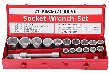 KATSU Juego de Llaves de Vaso de 3/4 21 Piezas, 19-50mm Métricas de 6-Puntas Hex con Llave de Trinquete de 24 Dientes en Caja de Acero, Herramienta Mecanica Reparación de Auto (Budget)