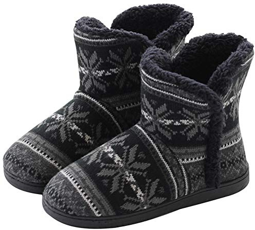 DimaiGlobal Damen Herren Hausschuhe Stricken Hüttenschuhe rutschfeste Wolle Hausstiefel Pantoffeln Plüsch gefüttert Warme Hüttenstiefel Winter Drinnen Draußen 43/44EU Schwarz2