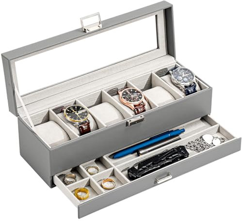 ProCase Watch Box for Men, 6 Slot Watch Display Case with Drawer, Mens Watch Case With Glass Lid, 2-Layer Jewelry and Watch Storage Watch Holder Organizer for Men Women -6 Slot, Grey
