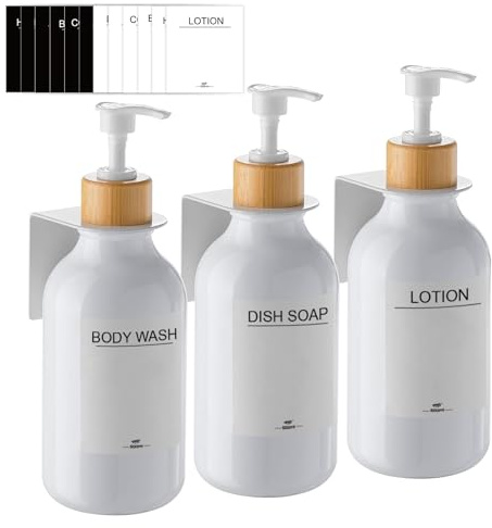 RISAKOGO Dispensador de jabón para Pared sin taladrar, Juego de 3 Unidades de 500 ml, dispensador de jabón para Pared, dispensador de champú, dispensador de champú para Cocina, baño (Blanco)
