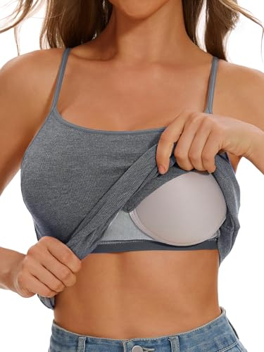 Vislivin Camisole Vest Top for Women Built in Bra Ribbed Tank Tops Spaghetti Strap Stretch Top S-XXXL Dark Gray-XL