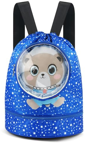Alaoo Sac de Natation pour Enfants,Grande Capacité Gym Sac à Dos à Cordon Enfant avec Compartiment pour Chaussures,Sac a Cordon Impermeable Enfant Séparation Humide et Sèche Plage,Bleu