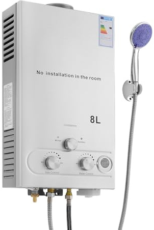 Calentador de agua de gas LPG 8 L, 16 kW, portátil, sin depósito, con cabezal de ducha para exteriores, camping, ducha y autocaravanas, 0,15 bar, presión de agua de arranque (8 L)