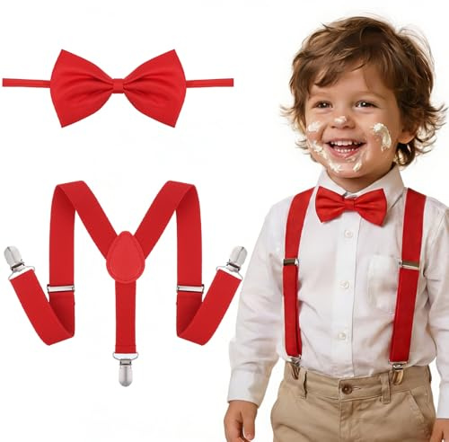 Macuezu 1 Set Kids Red Suspenders and Bow Tie, Adjustable Toddler Suspenders, Red Kids Suspender Bow Tie Set for Toddler Baby Boys Clothes Accessories, For Birthday Party, Formal Performance