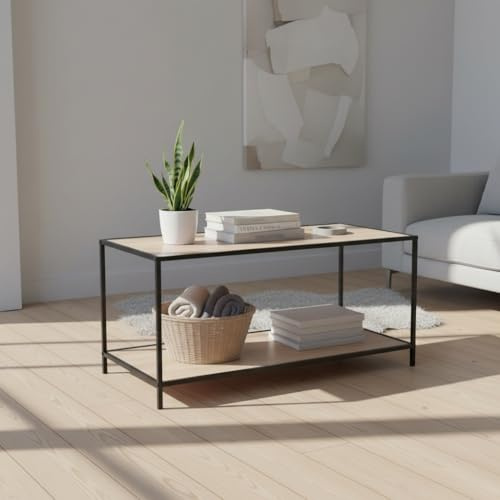 INDE MOBLEKIT | Mueble Auxiliar Bajo con 2 Niveles 78x38x38 cm, Estantería de Madera y Estructura Metálica Negra, Acabado Mate para Salón, Recibidor o Dormitorio