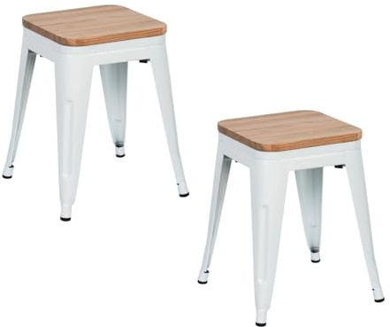 THINIA HOME Pack 2 Taburetes Bajos Industriales Apilables de Acero y Madera 38x38x46cm