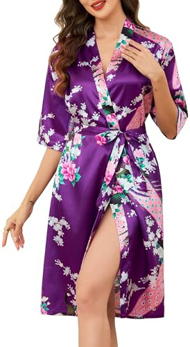 Vlazom Women Satin Dressing Gown Long Silk Kimono Robes Peacock and Blossoms Bride Robe for Wedding Party S-XXL