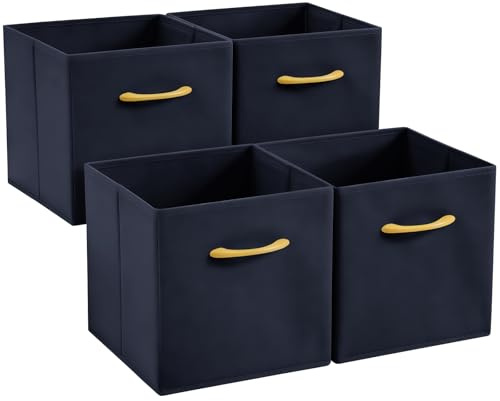 Collapsible Fabric Storage Cubes, Pack of 4 Foldable Boxes with Handles | Navy Blue 27 x 27 x 27 cm | Non-Woven Fabric | Open-Top Cube Shelf Baskets For Wardrobes, Toys, Clothes & Nursery