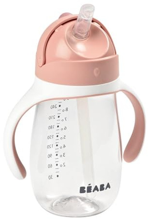BÉABA, Biberon/Tasse d'apprentissage 2 en 1, Tasse Paille Enfant, 100% étanche, Anti-fuite, Facile à Ouvrir, Poignées amovibles, Tritan et Silicone, 300 ml, Old Pink