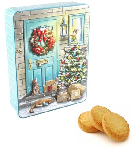 Aliments de ronce | Chats de neige de Noël en métal | Boîte décorée en relief réutilisable | Biscuits Anglais Assortis - 300 Gr | Ustensiles de cuisine | Biscuits de mélange cadeau