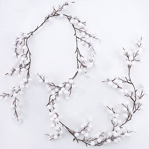 5.25 Feet Christmas Artificial Frosted Holly Berries String Mini White Artificial Holly Berries Garland Berry Flower Xmas Garland Hanging String Wire Vine for Christmas Tree Wreath Garlands Making