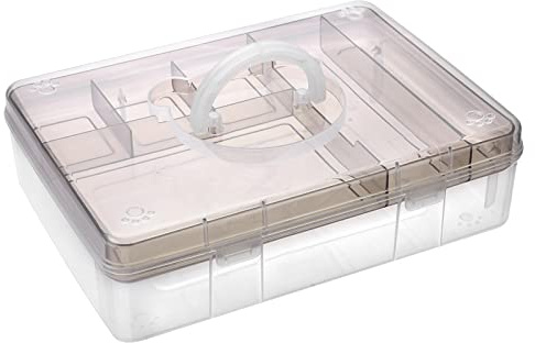 BTSKY 2-Tier Cute Bear Storage Box with Removable Divided Tray Portable Clear Plastic Art Craft Supply Organizer Stackable Home Office Supplies Storage Container for Pens Notes A4 papers etc (Coffee)