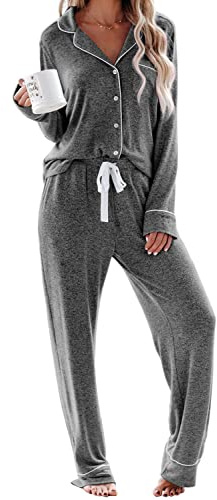 Pigiama lungo da donna, con bottoni, 2 pezzi, biancheria da notte, grigio scuro, XL