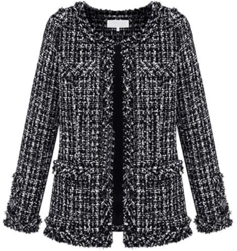 Leyoutx Dam kraglös rutig tweed blazer elegant öppen framsida fransad vardaglig business glitterjacka, Svart, L