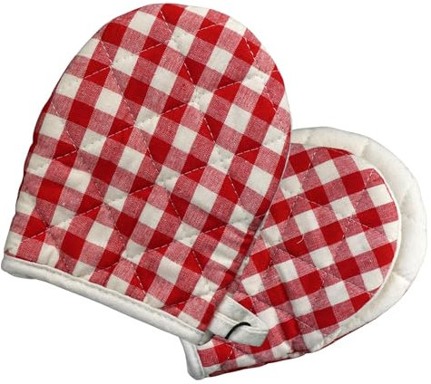 AMRAMI Ofenhandschuhe hitzebeständig, Topfhandschuhe Set aus Baumwolle zum Kochen und Backen, 2 Backofenhandschuhe, waschbar (Kleinkariert Rot/Weiß)