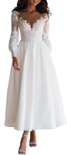 Beyonddress Robe de mariée courte en dentelle pour femme - Manches longues - Appliques - Mode civil - Robe de mariée, Blanc 06, 38