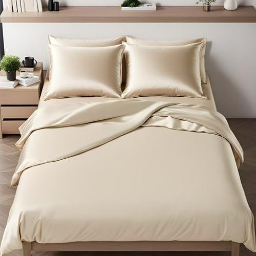 Cozyor Wende-Bettwäsche 135x200 cm glänzend matt, Satin & Mikrofaser, extra dick und weich mit robustem Reißverschluss, Deckenbezug + Kissenbezug 80x80 cm, 2 teilig, beige Driftwood