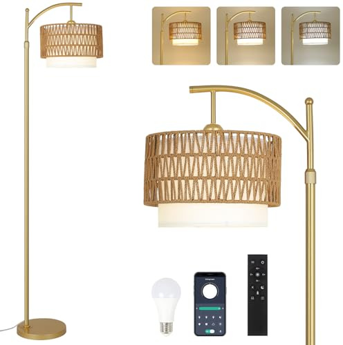 Rayofly Gold Lampes de Salon à Luminaires Variables, Lampes de Salon en Rotin avec Télécommande, Contrôle App, Lampadaire Boho avec Pédale & Ampoule LED, Lampadaire pour Chambre, Bureau