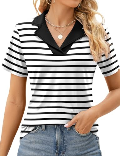 Rapbin - Camisas polo para mujer con cuello solapa, cuello en V, manga corta, blusa elegante y casual tipo túnica, Rayas negras, XXL
