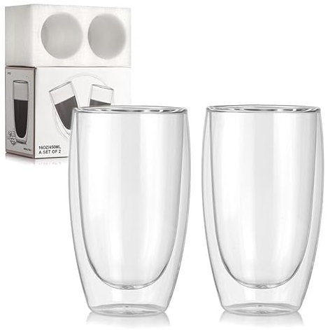 WIGUROE Double-Walled Coffee Glass Mugs, 2Pack Borosilicate Heat Resistant 450ML/15oz Glass Tea Cups, Insulated Coffee Mug for Latte, Cappuccinos, Macchiato, Hot/Cold Drink