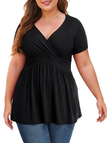 Anelune Women's Plus Size Black Blouse Short Sleeve Tunic Top Dressy V Neck Top Pleated Flowy Tunic Shirt 2XL Black
