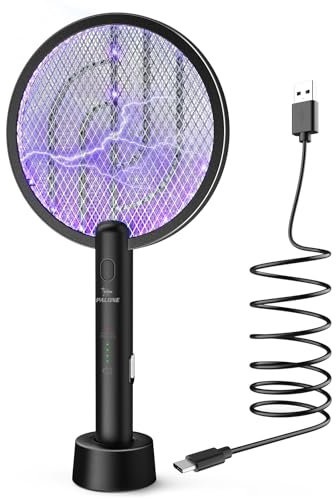 PALONE Tapette à mouches électrique, rechargeable, 4000 V, anti-insectes, anti-insectes, avec base, noire