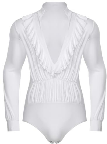 TiaoBug Herren Latein Body Tiefer V-Ausschnitt Langarm Retro Hemd mit Volants und Dance Slip Ballettanzug Ballett Trikot Gymnastik Turn Leotard Weiß XXL