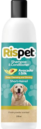 RISPET Shampoo und Spülung, Avocado und Seide, Wasch- und Desinfektionsmittel für Hunde und kurzhaarige Tiere, Zarte Formel ohne Allergene und ausgeglichener pH-Wert, Talkum-Duft, 370 ml