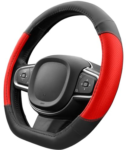 Upgrade4cars Funda Volante Coche Forma D Universal Negro Rojo Poli-Piel | Cubre 37-38 cm Diámetro Exterior | Accesorios Coches Interior Decoracion Cubierta | Ideas Regalos